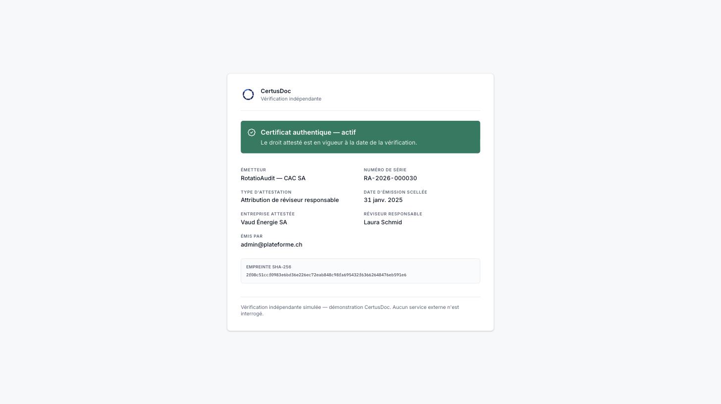 Page publique de vérification indépendante d'un certificat RotatioAudit.