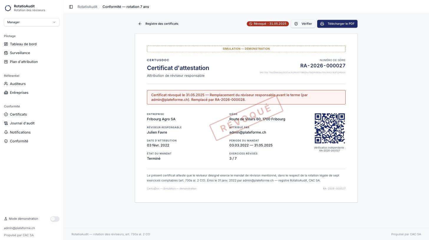 Certificat révoqué avec surimpression RÉVOQUÉ et motif de révocation