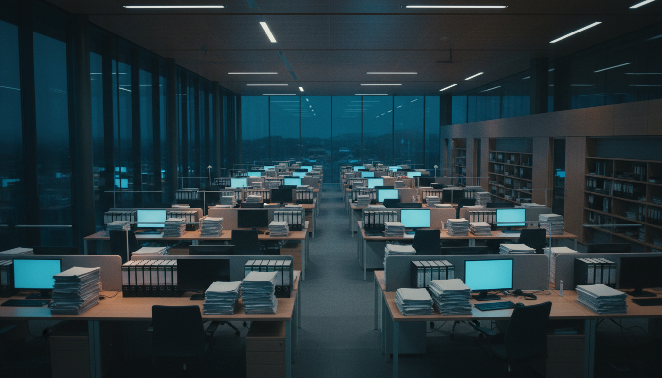 Bureau d'audit à la tombée du jour, lumière bleutée sur les postes de travail.